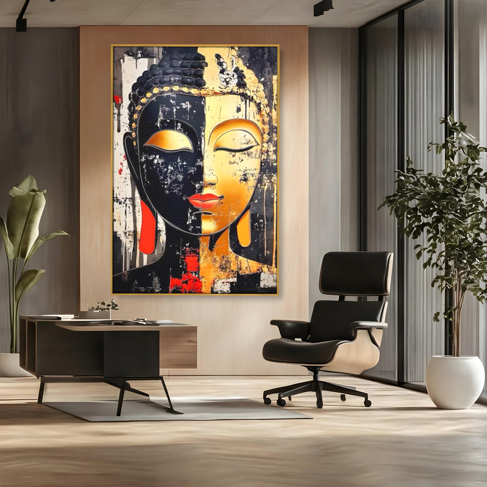 Tablou canvas cu tablou canvas cu chipul lui buddha, in rama de aluminiu auriu, pe perete intr-un birou